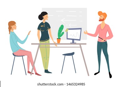 Office people scene. Men and women taking part in business meeting, negotiation, brainstorming, talking to each other cartoon vector illustration.