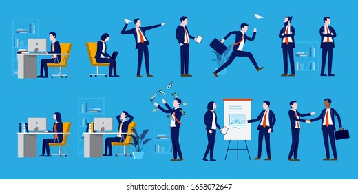 Office People Set - A Collection Of Business Characters To Populate Your Workplace Scene. Businessmen, Businesswomen, Handshake, Presentation And Working People. Vector Illustration.