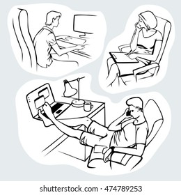 Office people set. Guys and nice woman manager designer programmer. Hand drawn black and white vector illustration set.