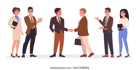 Office people shaking hands. Businessmen shaking hands surrounded by applauding colleagues, business deal or agreement flat vector illustration. Business people handshake