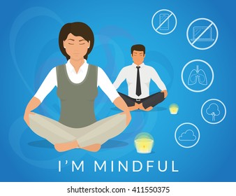 Office people sitting in calm lotus pose and relaxing looking at burning candle. Illistration of woman and man are meditating and thinking about mindfulness after hard working day