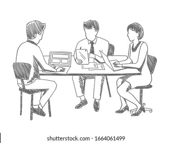 Office people sketch. Working at the table. Business team. Company group. Brainstorm. With laptop. Hatched drawing picture. Gray pencil. Hand drawn vector.