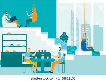 Office People Speaking and Sharing Coworking Workspace. Men Typing Laptop, Drinking Coffee and Talking, Discussing Job or Having Informal Conversation. Woman Rest in Hammock Seat. Vector Illustration