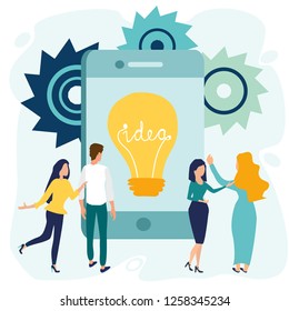 Office people stand near big smartphone or digital tablet screen. Light bulb with concept of idea. Business concept. Vector illustration in flat cartoon style.