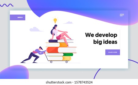 Office People Study Website Landing Page. Businessman Pushing Heavy Trolley with Heap of Books and Businesswoman Sitting on Top with Light Bulb in Head Web Page Banner. Flat Vector Illustration
