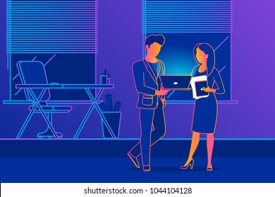 Office people talking about project development. Gradient line vector illustration of project brainstorming between two business colleagues. Man showing presentation on laptop to female business woman