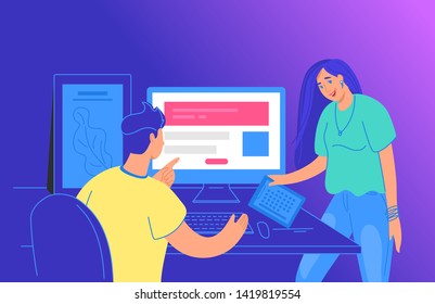 Office people talking about project deadline. Gradient vector illustration of project brainstorming between two colleagues at work desk. Young man showing presentation on pc to female business woman
