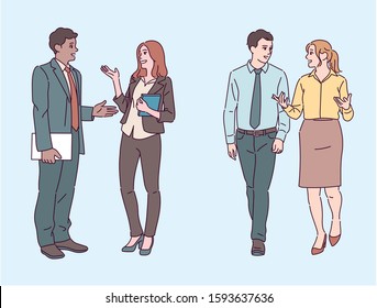 Office people are talking to each other. hand drawn style vector design illustrations. 