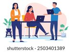 Office people talking - Group of three people working in team together discussing work and business together. Employee and colleague communication concept in flat design vector illustration