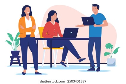 Office people talking - Group of three people working in team together discussing work and business together. Employee and colleague communication concept in flat design vector illustration