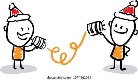 Office people talking, having conversation with plastic cups as a phone. 
Girl hand drawn doodle line art cartoon design character - isolated vector illustration outline of man.