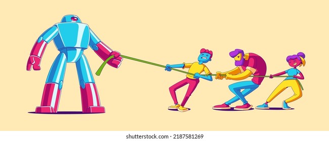 Office people team tug of war battle with robot. Contemporary characters tear rope with artificial intelligence robot. Human vs cyborg competition, robotization, Line art cartoon vector illustration