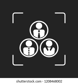 office people, team. White object in camera autofocus on dark background