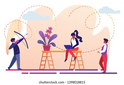 Office People Teamwork Process Metaphor. Creative Team Working Together for Business Success. Woman Work at Laptop, Archer Man Shooting to Target. Company Management. Cartoon Flat Vector Illustration.