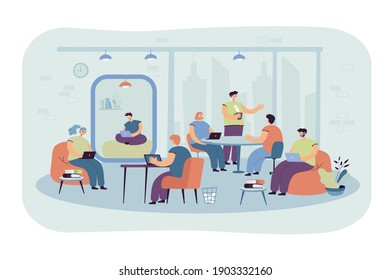 Personas de oficina que usan laptops y computadoras en lugares de trabajo en interiores contemporáneos de trabajo compartido. Ilustración vectorial para empresas, trabajo en equipo, comunidad, concepto de espacio de trabajo moderno