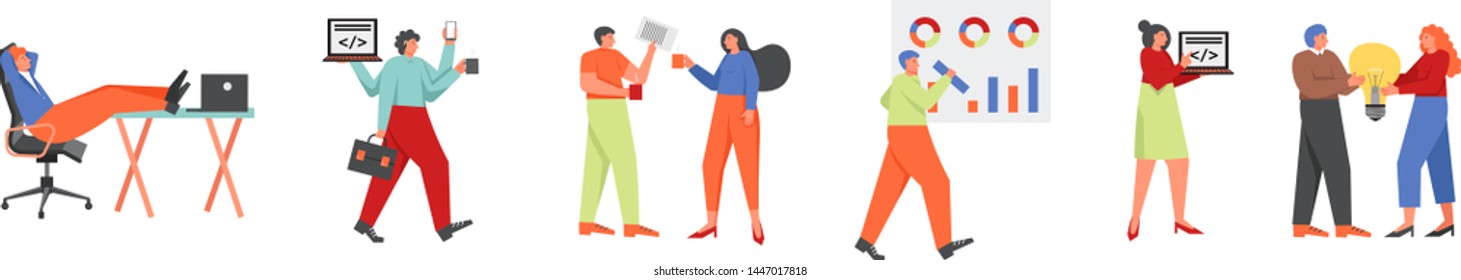 Office people, vector flat style design illustration isolated on white background. Business people working and taking rest in office.