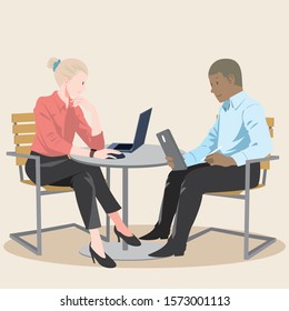 Office people vector illustration in flat cartoon style. Work in progress. Business Start Up Modern office Coding software development Programmer working with laptop.