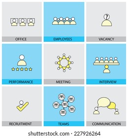 Office people vector line flat design icons - appraisal, recruitment, interviews, meetings, conferences. Also showing training,  leadership, teamwork, brainstorming, communication network, vacancies