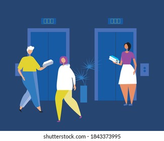 Office people waiting for the elevator isolated. Flat vector stock illustration. Office work concept. Men and women office workers with documents, folders, papers at the elevator. Vector illustration