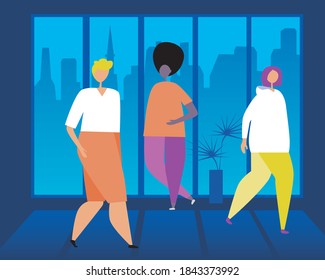 Personas de oficina, caminatas de oficina. Ilustración de material vectorial plano. El concepto de una sociedad multicultural, de personas diferentes. Trabajadores de oficina africanos o africanos, mujeres y hombres. Ilustración del vector