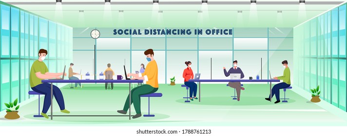 Office People Wear Protective Mask At Workplace With Maintain Social Distancing To Protect From Spreading Of Coronavirus (Covid-19).