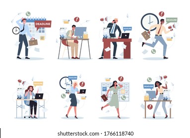 Office people with a lot of work set. Deadline and busy lifestyle concept. Idea of many work and few time. Employee stressing in office. Business problems. Flat vector illustration