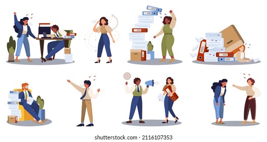 Office people with a lot of work set. Deadline and busy lifestyle concept. Idea of many work and few time. Employee stressing in office. Business problems. Flat vector illustration