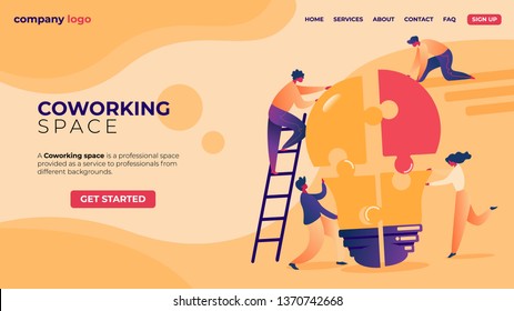 Office People Work Together Setting Up Huge Light Bulb Separated On Puzzle Pieces Standing On Ladders. Businesspeople In Coworking Place Teamwork. Cartoon Flat Vector Illustration. Horizontal Banner