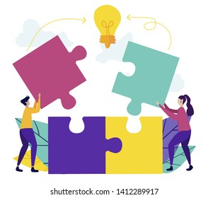 Office People Work Together Setting Up Huge Colorful Separated Puzzle Pieces with Lightbulb above. Businesspeople in Coworking Place Teamwork, Cooperation, Partnership Cartoon Flat Vector Illustration