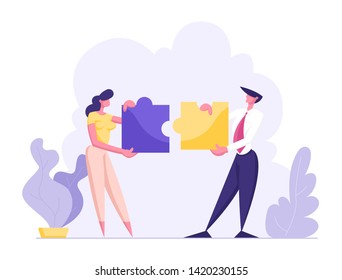 Office People Work Together Setting Up Colorful Separated Puzzle Pieces. Businesspeople In Coworking Place Teamwork, Cooperation, Collective Work, Partnership Concept, Cartoon Flat Vector Illustration