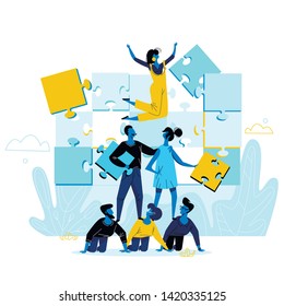 Office People Work Together Setting Up Huge Colorful Separated Puzzle Pieces. Businesspeople in Coworking Place Teamwork, Cooperation, Collective Work, Partnership Cartoon Flat Vector Illustration