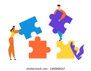 Office People Work Together Setting Up Huge Colorful Separated Puzzle Pieces. Businesspeople in Coworking Place Teamwork, Cooperation, Collective Work, Partnership Cartoon Flat Vector Illustration
