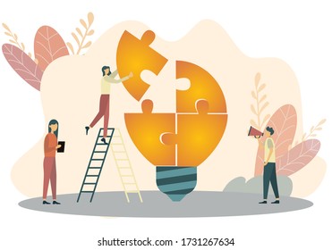 Office People Work Together Setting Up Huge Lightbulb Separated on Puzzle Pieces Standing on Ladders. Businesspeople Teamwork. Cartoon Flat Vector Illustration