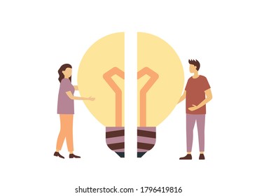Office People Work Together Setting Up Huge Lightbulb Separated on Puzzle Pieces Standing on Ladders. Businesspeople Teamwork. Cartoon Flat Vector Illustration