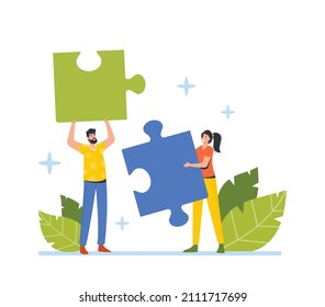 Las Personas De Oficinas Trabajan Juntos Estableciendo Coloridas Piezas De Rompecabezas Separadas. Empresarios de Coworking Place Teamwork, Cooperation, Collective Work, Partnership Concept. Ilustración del vector de dibujos animados