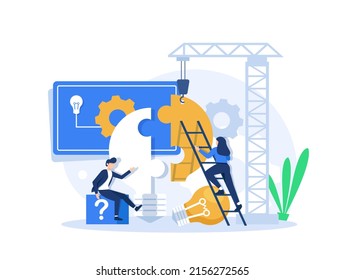 Office People Work Together Setting Up Huge Lightbulb Separated On Puzzle Pieces Standing On Ladders. Businesspeople Teamwork. Cartoon Flat Vector Illustration