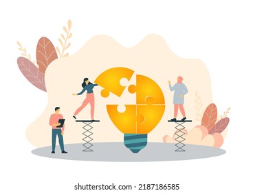 Office People Work Together Setting Up Huge Lightbulb Separated On Puzzle Pieces Standing On Ladders. Businesspeople Teamwork. Cartoon Flat Vector Illustration.