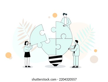 Office People Work Together Setting Up Huge Lightbulb Separated On Puzzle Pieces Standing On Ladders. Businesspeople Teamwork. Cartoon Flat Vector Illustration