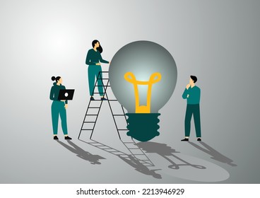 Office People Work Together Setting Up Huge Lightbulb Separated on Puzzle Pieces Standing on Ladders. Businesspeople Teamwork. Cartoon Flat Vector Illustration