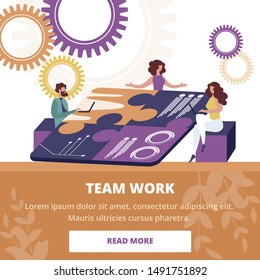 Office People Work Together Sit around Table made of Separated Puzzle Pieces. Businesspeople in Coworking Place Team Work, Cooperation, Collective Partnership Cartoon Flat Vector Illustration Banner