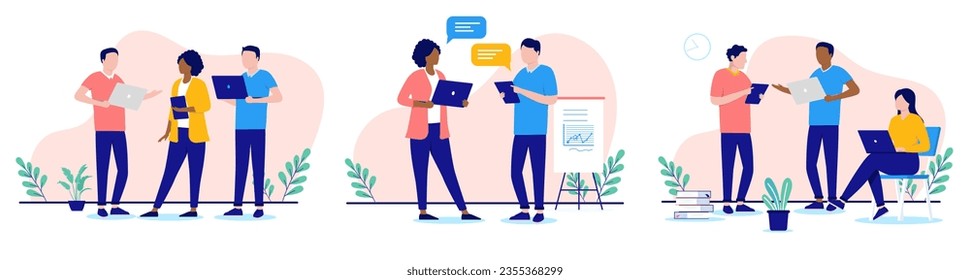 Office people working collection - Set of vector illustration with businesspeople in casual clothes at work with computers talking and discussing business. Flat design with white background