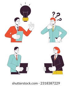 Office people working hard flat line vector spot illustration set. Male and female employees 2D cartoon outline characters on white for web UI design. Editable isolated colorful hero image pack