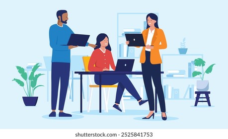 Office people working on computers - Group of three businesspeople characters using laptops talking, smiling and doing teamwork together at work indoors. Flat design vector illustration