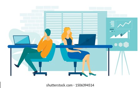 Office People Working on Laptop Flat Cartoon vector Illustration. Modern Coworking Space and Interior. Colleague Sitting at Table. Shared Working Environment with Comfort Furniture, Board with Graphs.