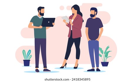 Office people working together - Group of three business characters with computer and device talking and discussing as a team. Flat design vector illustration with white background