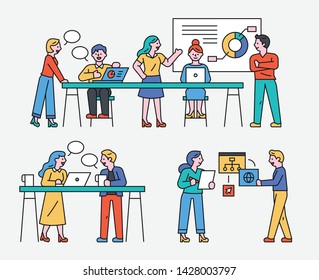 Office People working together to work on the project. flat design style minimal vector illustration