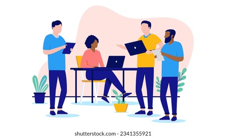 Office people working vector - Team of four businesspeople in casual clothes working with computers and talking together. Flat design illustration with white background