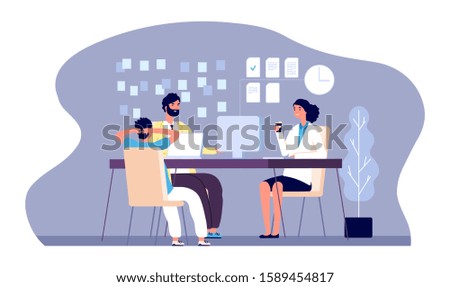 Office people. Young persons work with laptop. Vector businessteam, brainstorm illustration. Flat business male and female characters