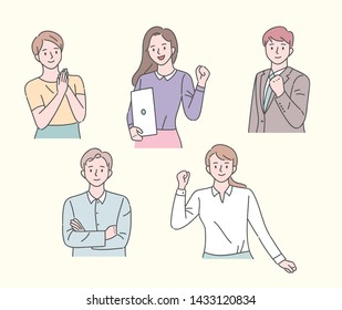 Office people's cheering gestures  flat design style minimal vector illustration 
