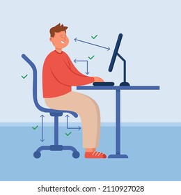 Persona de oficina con postura correcta sentada en el escritorio del ordenador. Posición y distancia derecha entre pantalla y carácter con la parte posterior sana en la ilustración vectorial plana del trabajo. Concepto de salud, ergonomía